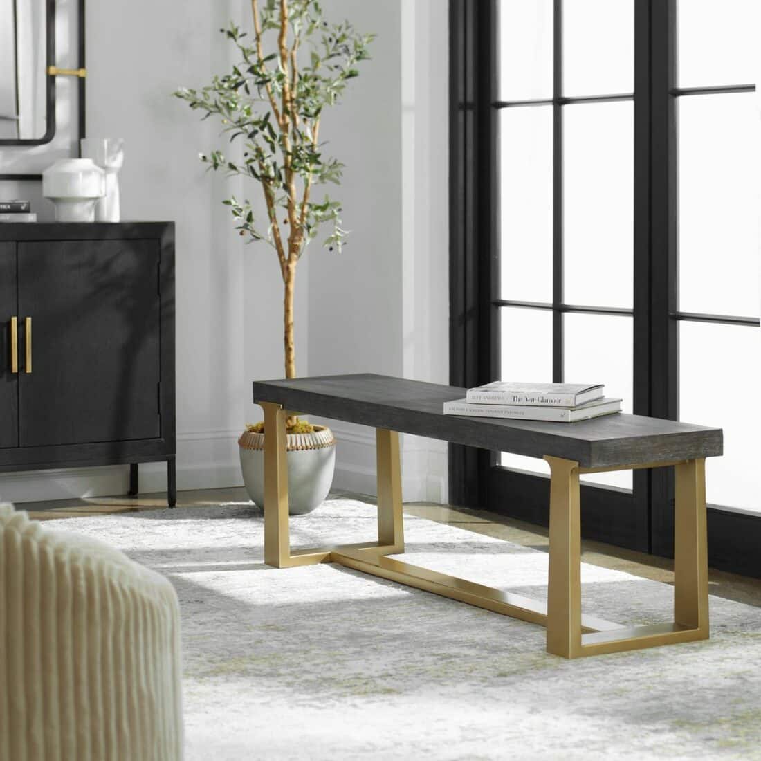 Voyage Brass and Wood Bench