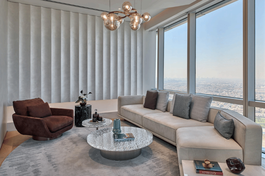 Furnishings are hotel-lounge inspired