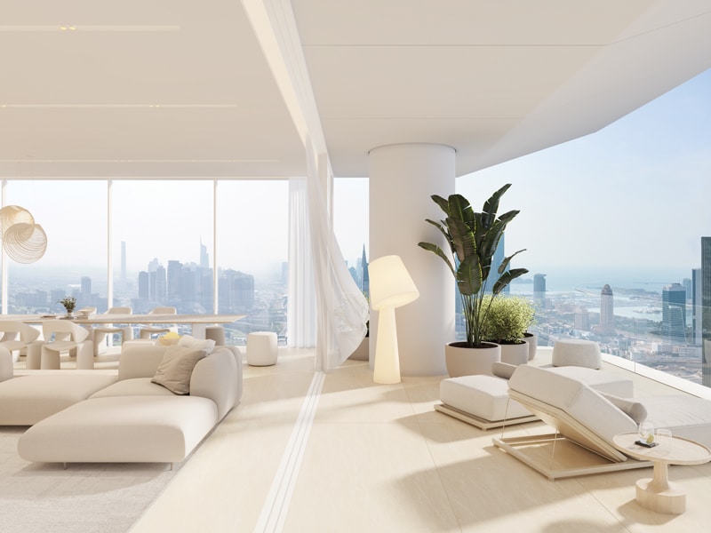 The Chedi Private Residences stand out in the bustling cityscape with their sleek, all-white exteriors and spacious interiors